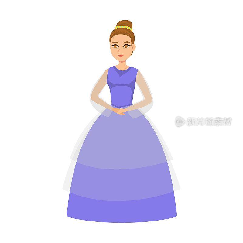 年轻的公主穿着轻盈的连衣裙，有着严格的发型，卡通矢量插画。优雅的童话女人穿着彩色的服装和连衣裙