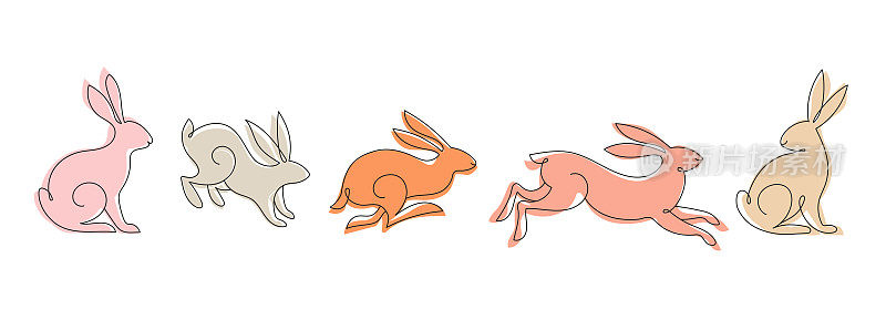 收藏兔子，兔子线性插图。中国新年2023年，兔年-套中国传统生肖符号，插图，艺术元素。农历新年概念，现代设计
