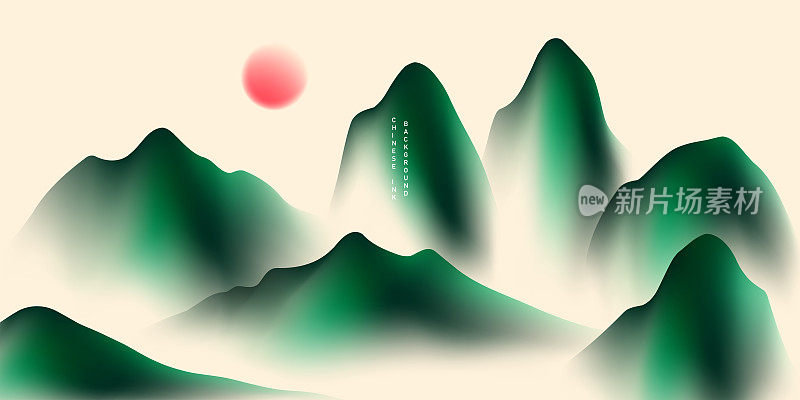 现代设计矢量插图美丽的中国水墨山水画。