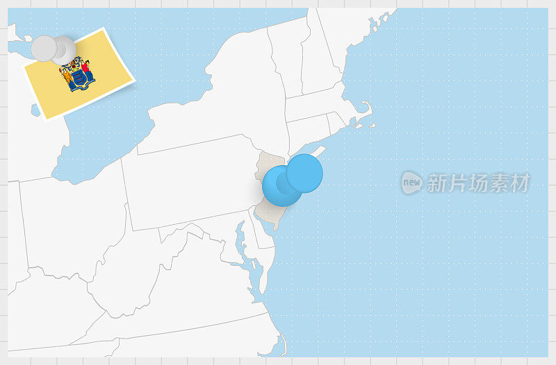 用蓝色别针钉住的新泽西地图。新泽西州的别针旗。