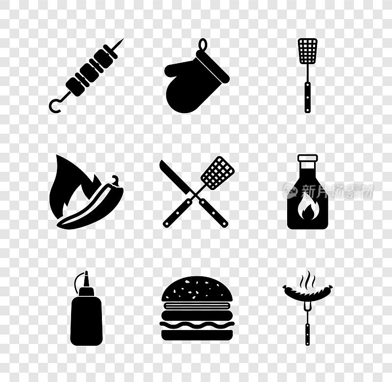设置烤羊肉串，烤箱手套，烧烤铲，芥末瓶，汉堡，香肠在叉子上，热辣椒豆瓣和交叉刀和图标。向量