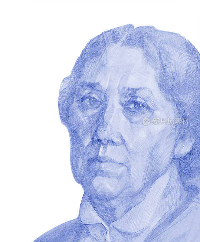 插图铅笔在白色背景上绘制蓝色老年妇女肖像