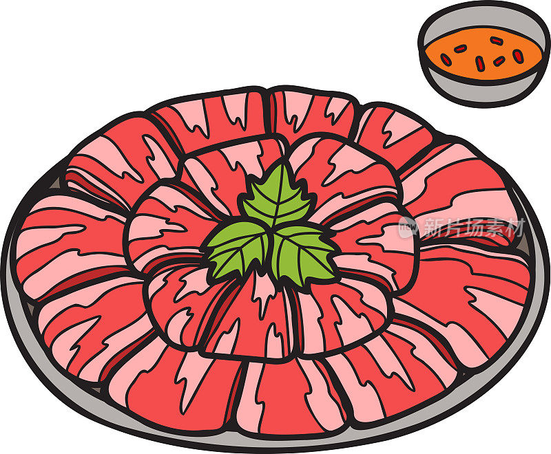 手绘肉火锅，中国和日本的食物插图