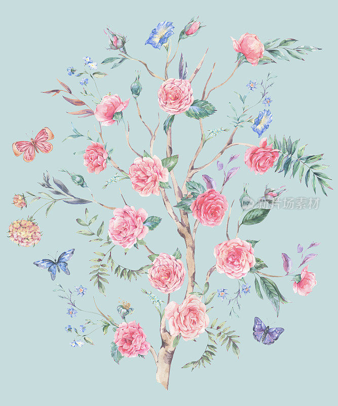 水彩画花园玫瑰花束，盛开的树，中国风插图孤立在蓝色