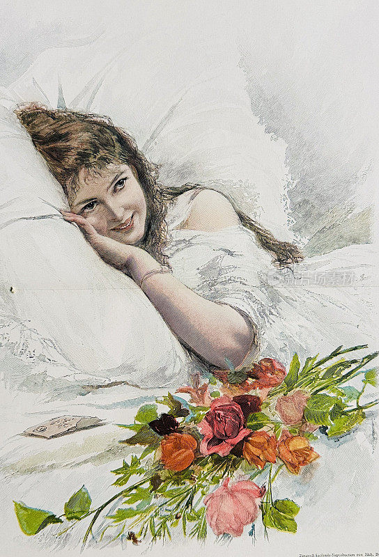女孩躺在床上欣赏鲜花