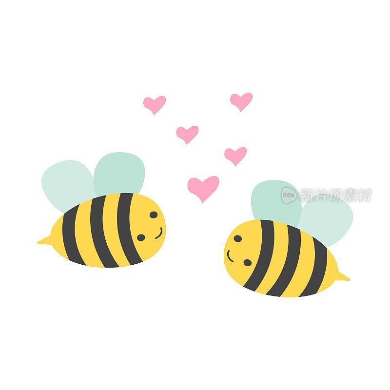 情人节背景与可爱的蜜蜂卡通和心形符号的白色背景