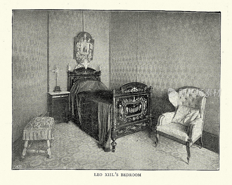 教皇利奥十三世的卧室，床，扶手椅，梵蒂冈，1890年代，19世纪