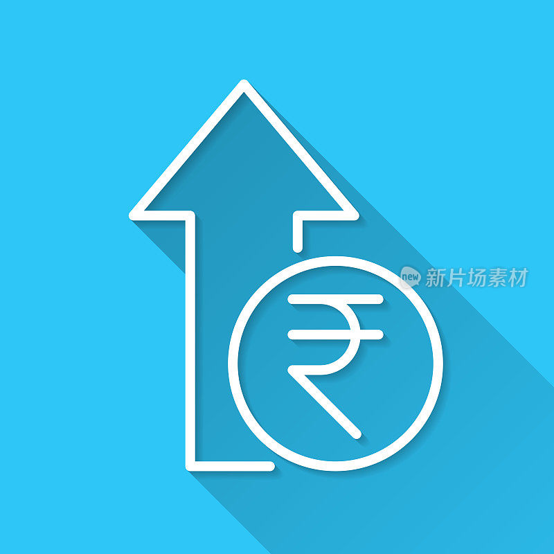 印度卢比升值。图标在蓝色背景-平面设计与长阴影