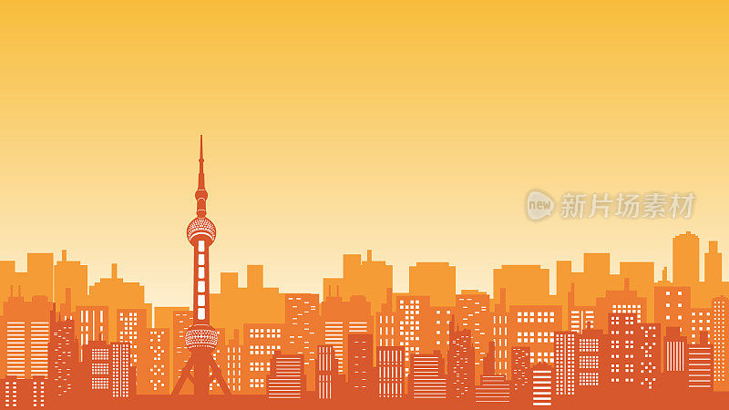 上海东方明珠大厦旁边的许多城市建筑都是橙色的天空