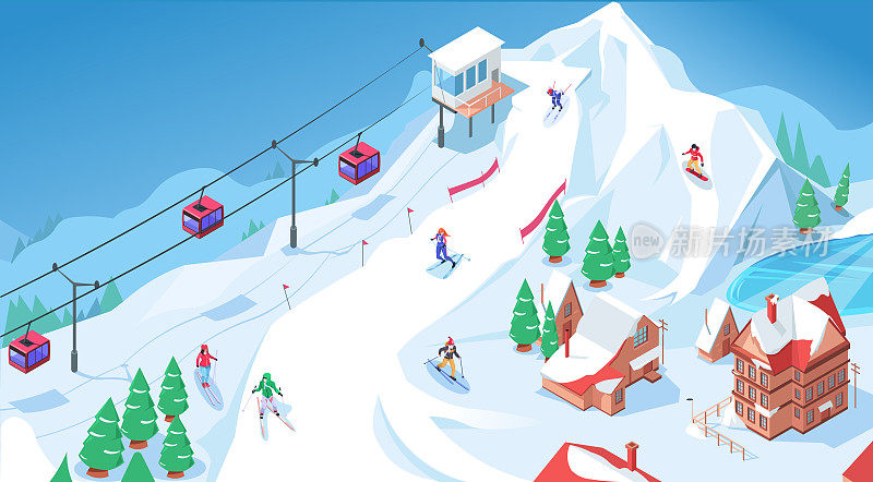 冬季体育活动，高山等距滑雪场，阿尔卑斯山有滑雪板和滑雪者在下坡。人们利用索道、电梯从雪峰、岩石上滑行。三维矢量插图