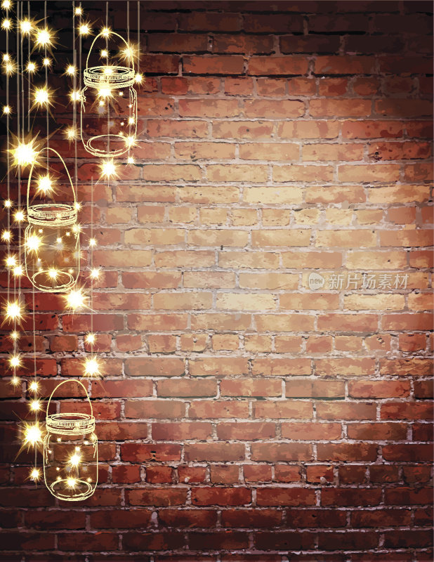 质朴的老式砖墙与优雅的串灯背景