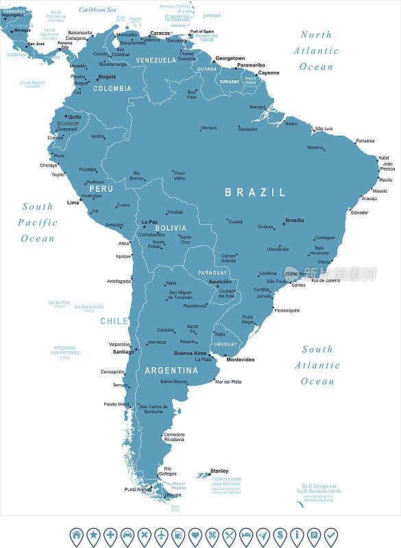 南美。地图和导航标签。插图
