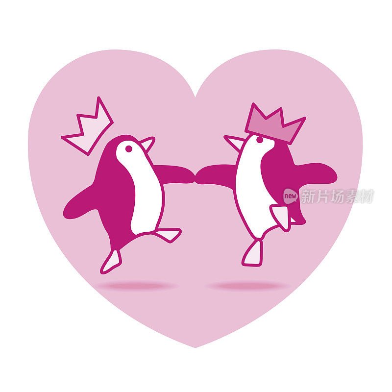 两只跳舞的企鹅在粉红色的心上聚会