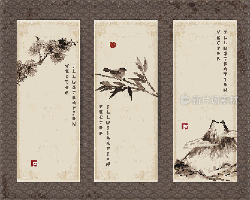 绘有富士、鸟、竹、松树的横幅