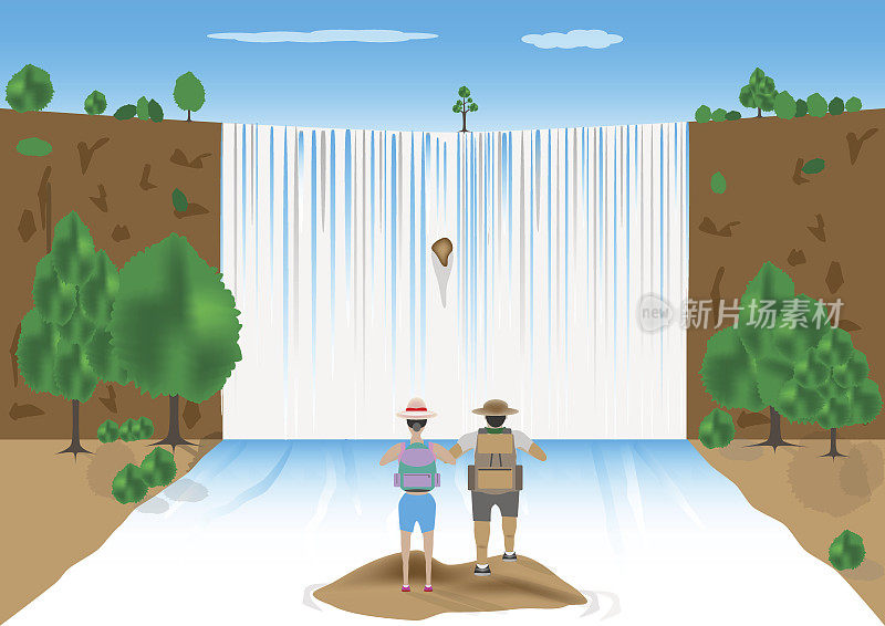 一男一女游客走进瀑布