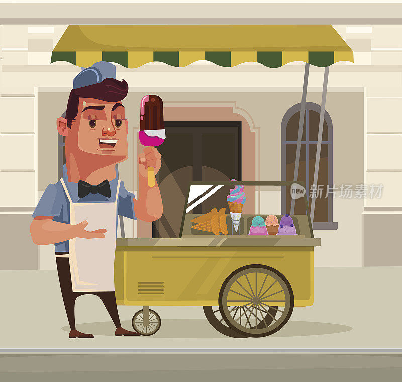 快乐微笑的冰淇淋小贩角色吉祥物站在冰淇淋车旁边