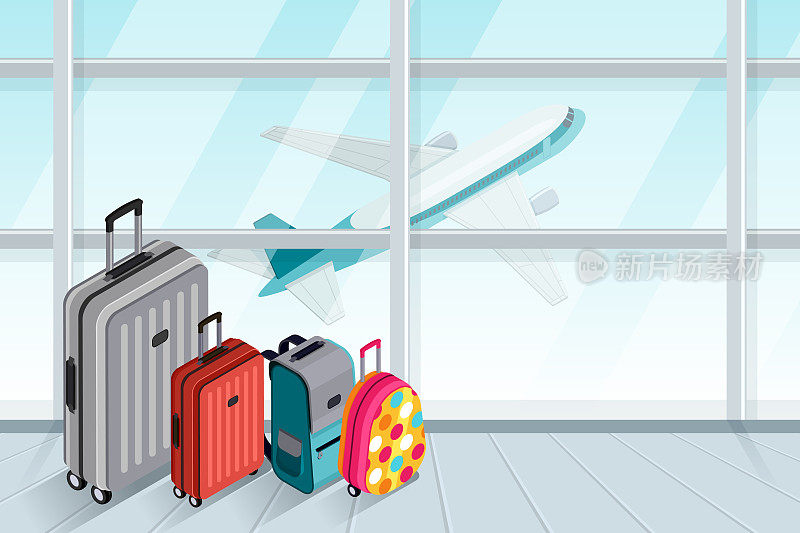 多种颜色的行李，手提箱，包靠近机场窗口。矢量3d等角插图。