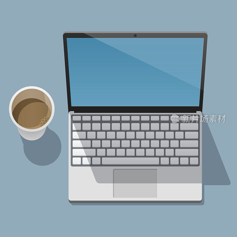 屏幕打开的工作笔记本电脑和咖啡杯放在一个平面上，并在上面投下阴影。从以上观点。矢量插图在一个时尚的平面风格