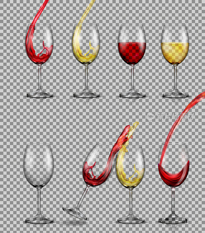 一套矢量幻觉透明玻璃酒杯与红和白葡萄酒。