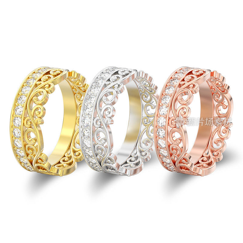 3D插图孤立三个黄色，玫瑰和白色金或银装饰皇冠钻石戒指与阴影