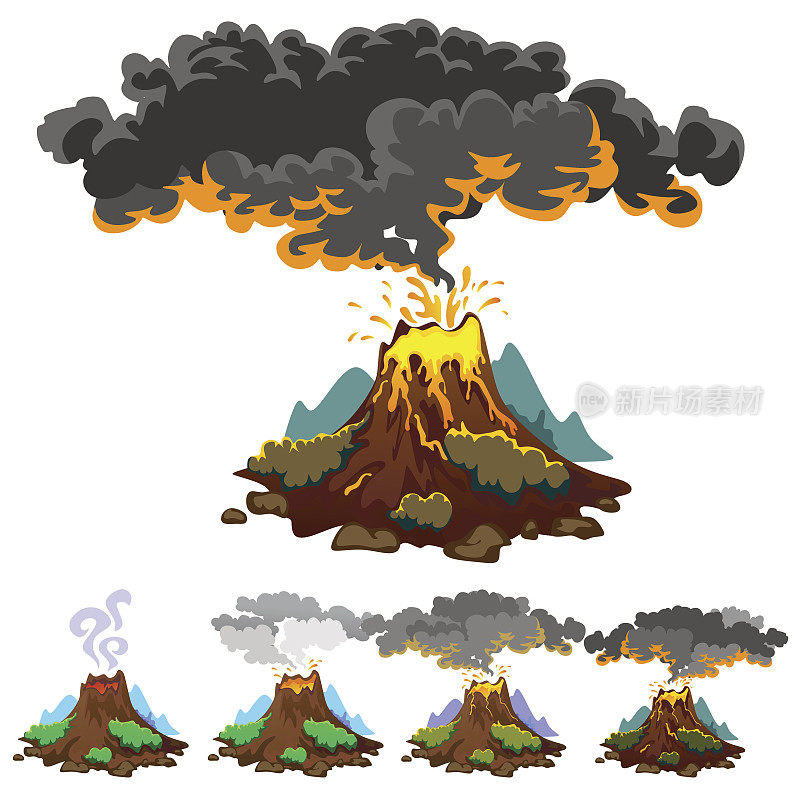 一组不同程度喷发的火山，一个沉睡或苏醒的危险的火山，从岩浆的灰烬和烟雾飞出，熔岩流下山的矢量插图