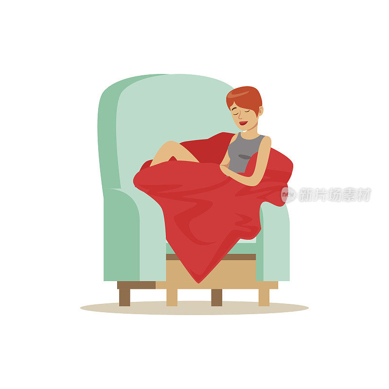 美丽的年轻女子裹着红毯睡在扶手椅上，放松人向量插图