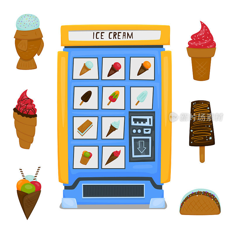 卖水果冰和冰淇淋的自动售货机。白色背景上的一组冰淇淋。矢量插图。