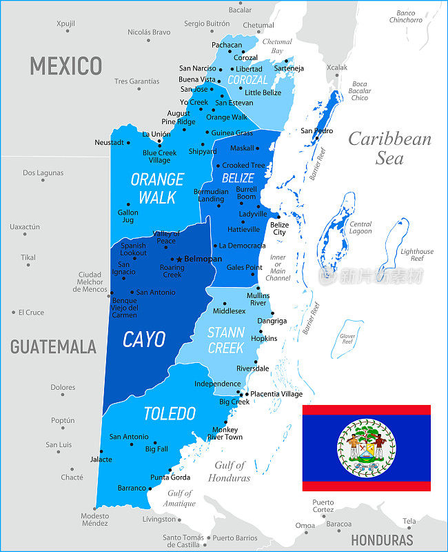 带有国旗和省份的伯利兹地图。矢量图