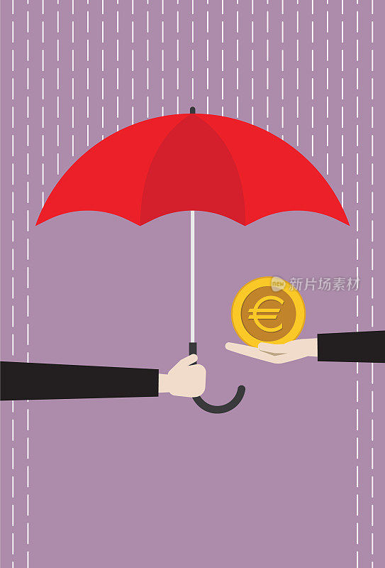 商人用红伞保护欧元硬币不被雨淋