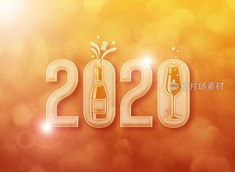 用香槟酒瓶和玻璃杯迎接2020年新年