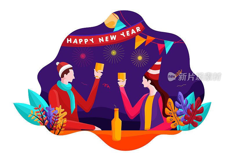 庆祝新年的平面插图