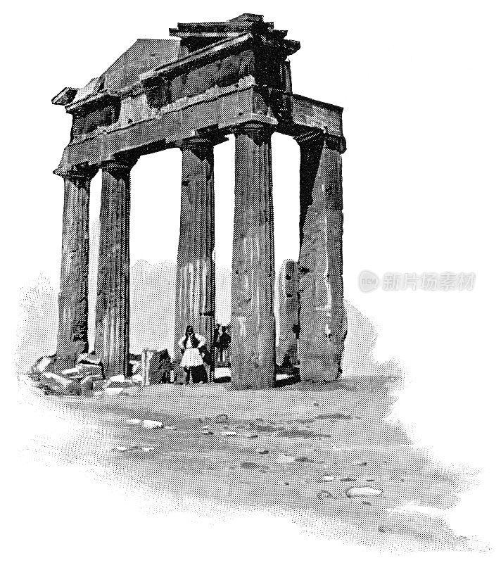雅典娜拱门位于希腊雅典的罗马广场上，19世纪