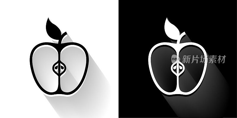 切片苹果黑色和白色图标与长影子