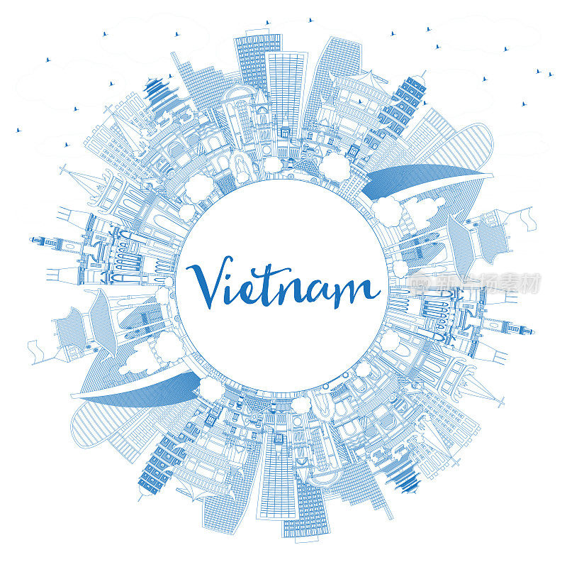用蓝色建筑和复制空间勾勒越南城市天际线。