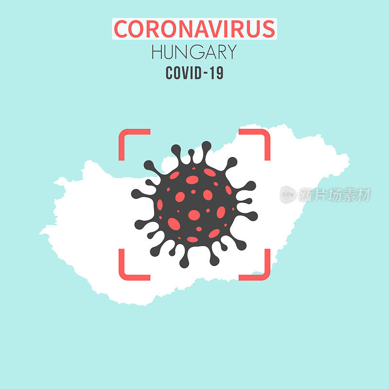 匈牙利地图，红色取景器中有冠状病毒细胞(COVID-19)