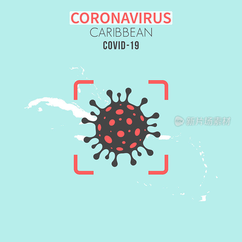加勒比海地图，红色取景器上有冠状病毒细胞(COVID-19)