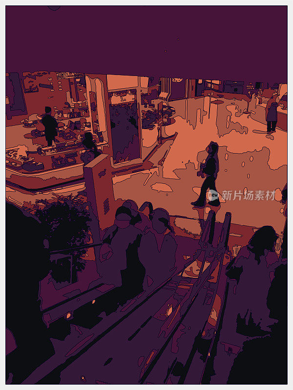 勾勒风格霓虹色彩的超时空卡通室内场景,百货商场室内空间