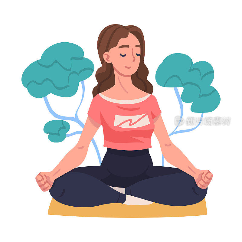 年轻女子闭着眼睛做冥想坐在莲花姿势瑜伽垫上练习正念矢量插图