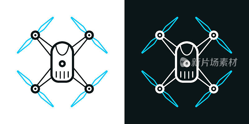无人机-四轴飞行器。黑色或白色背景上的双色线图标-可编辑的笔画