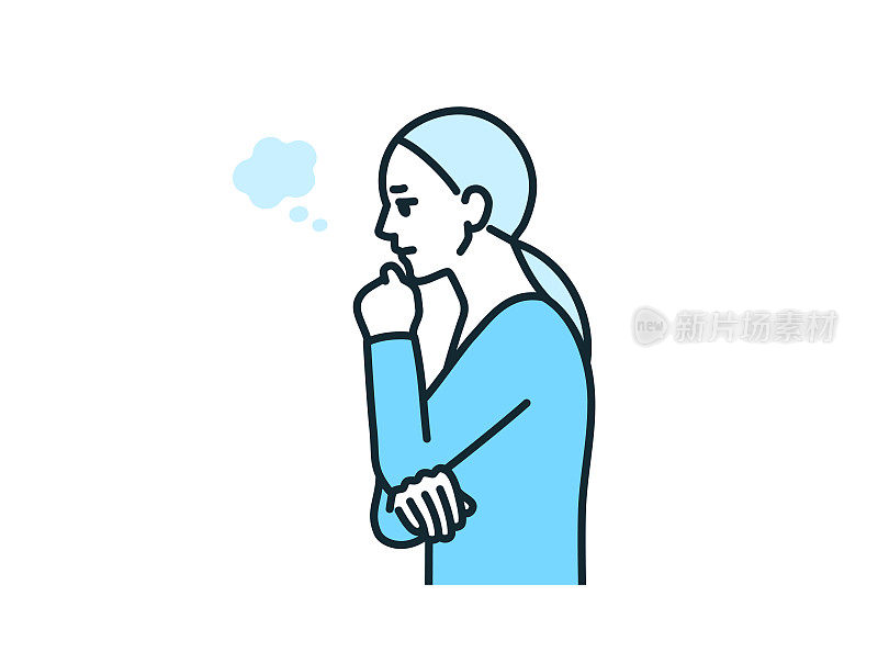 一个女人把手放在下巴上思考。一个感觉不舒服的女人的插图。