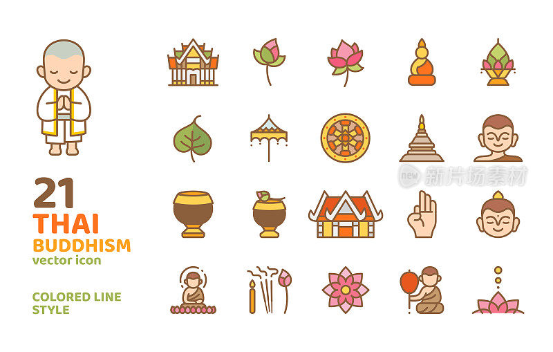 泰国佛教彩色线图标风格矢量插图