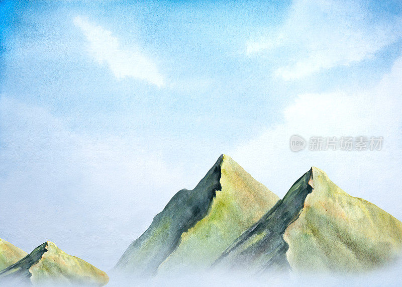 水彩画的风景如画的青山与蓝天和云。美丽的景观