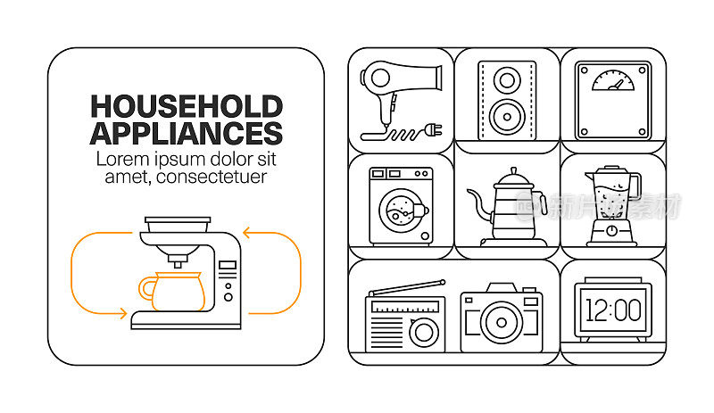 家用电器横幅线图标集设计