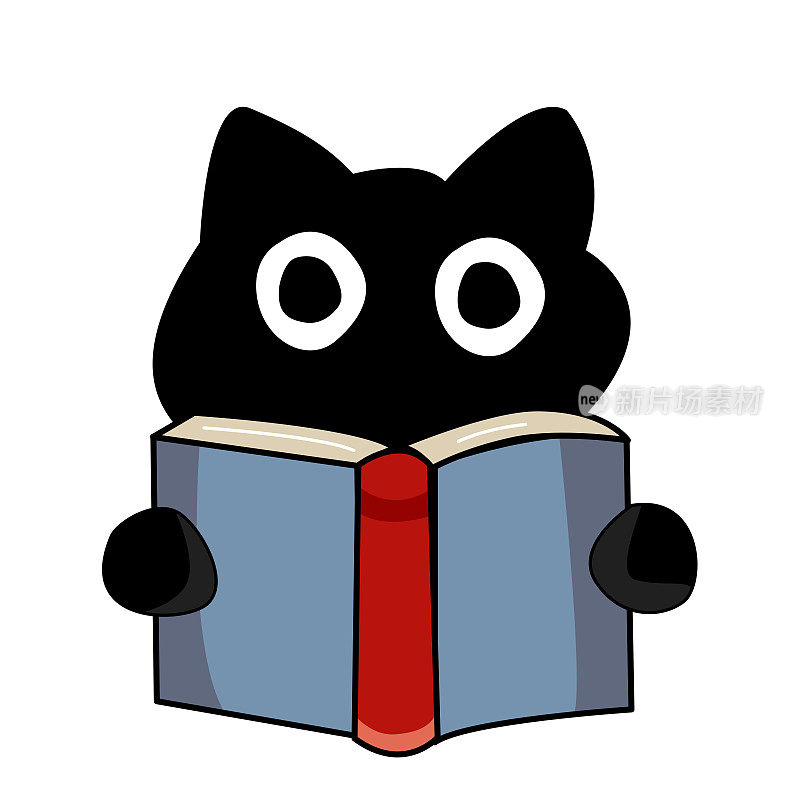 黑猫拿着打开的书在看书。