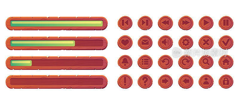 木制游戏ui按钮滑块加载条界面设计元素隔离设置。矢量图形设计元素插图
