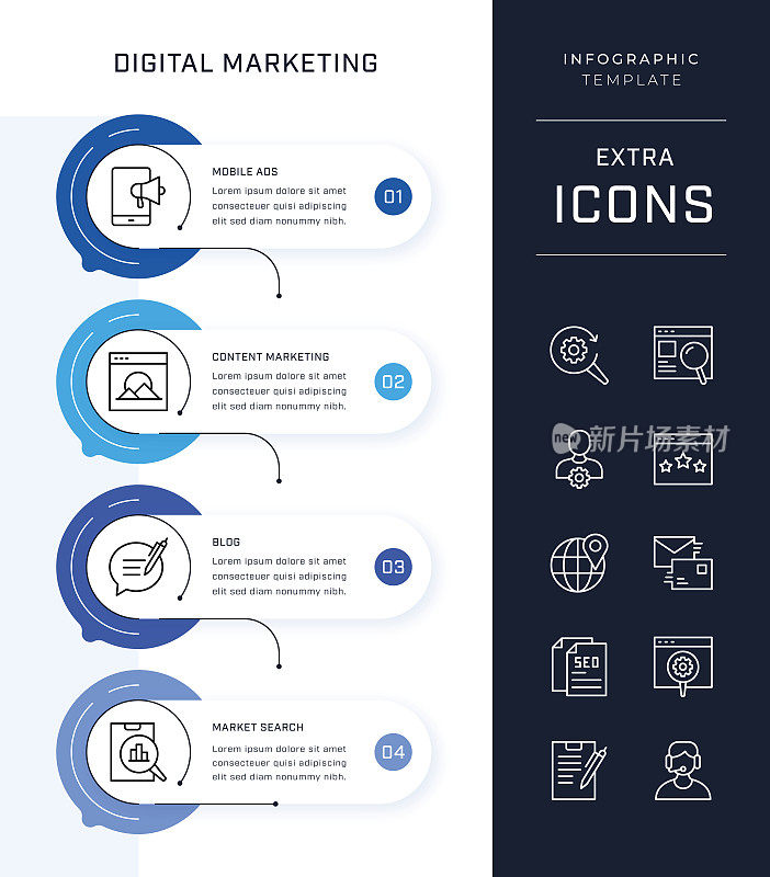 时间线信息图表模板和数字营销图标集