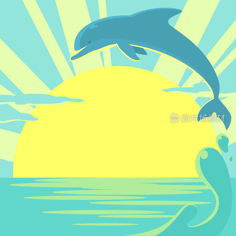 矢量插图的海上日出和海豚。夏季广场横幅框架。