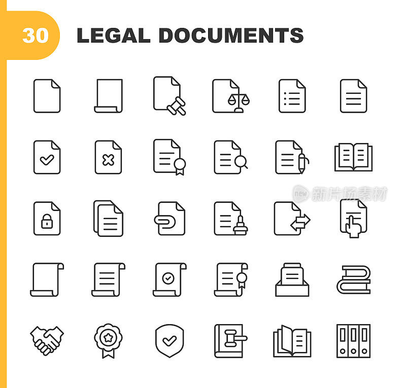 法律文件线图标。可编辑笔画，包含如下图标:协议，业务，证书，宪法，合同，法院，文件，文件夹，政府，握手，司法，法律，律师，立法，办公室，文书工作，研究，签名。