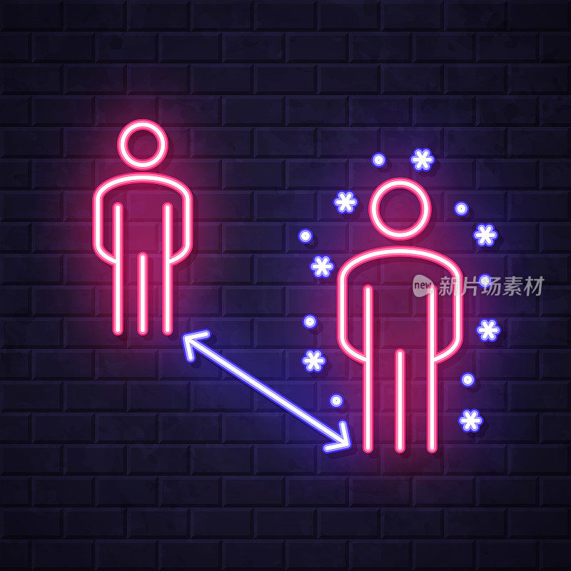 保持社交距离――保持距离。在砖墙背景上发光的霓虹灯图标