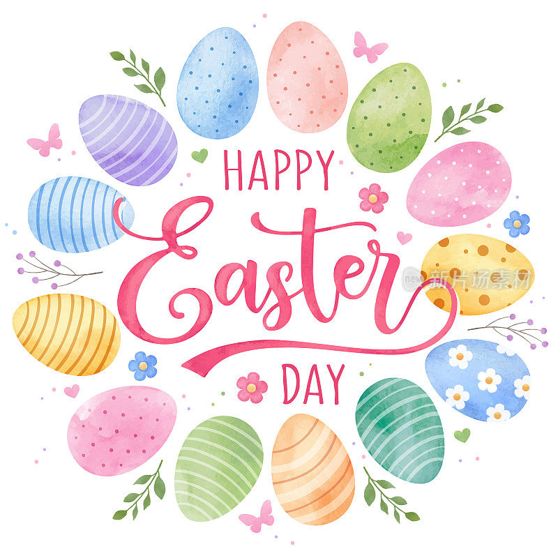 快乐的复活节水彩画贺卡与水彩画装饰鸡蛋和花在白色的背景。